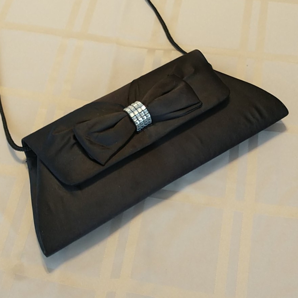 Black Satin Clutch with Rhinestone Bow
